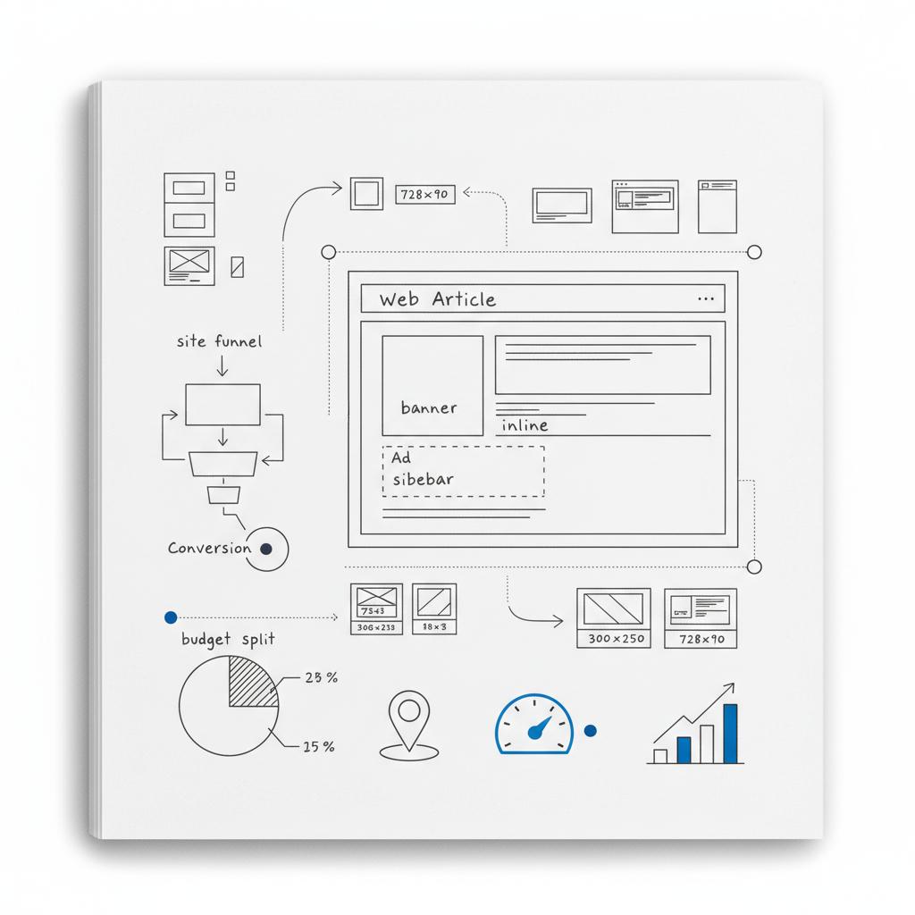 Top-down sketchbook page showing web article layout with annotated ad placements, map-pin and speedometer icons, and blue-highlighted bar chart illustrating AdSense RPM.