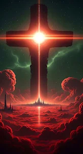 Monolithic Cross Structure Above Red Cloudscape Cityscape