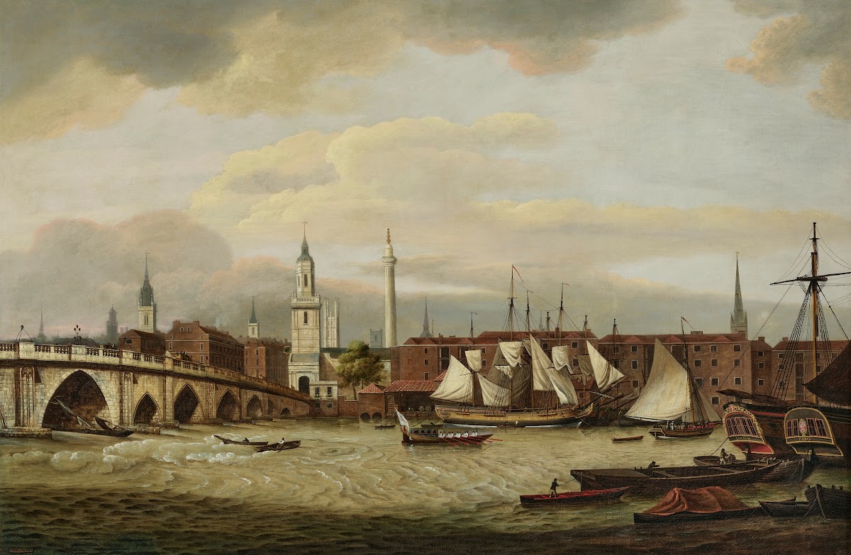 Merchant shipping at the wharfside below Old London Bridge with the Church of St