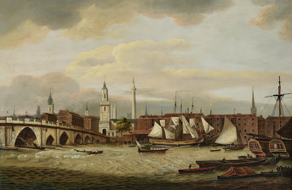 Merchant shipping at the wharfside below Old London Bridge with the Church of St