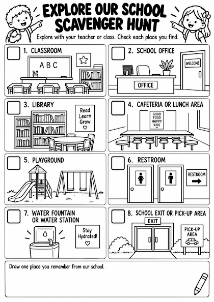 Explore Our School Scavenger Hunt Worksheet