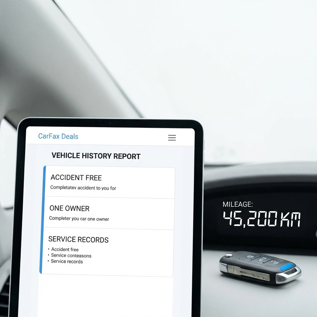 Close up tablet showing a vehicle history report next to a car key and dashboard mileage readout in a clean layout with CarFax Deals colors, affordable cars for sale