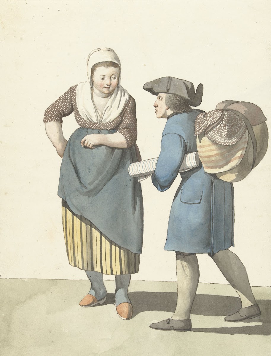 Stoffenverkoper onderhandelend met een vrouw 1700   1800