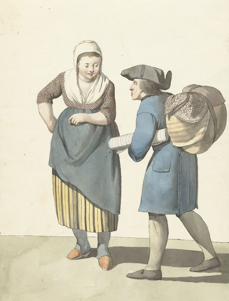Stoffenverkoper onderhandelend met een vrouw 1700   1800