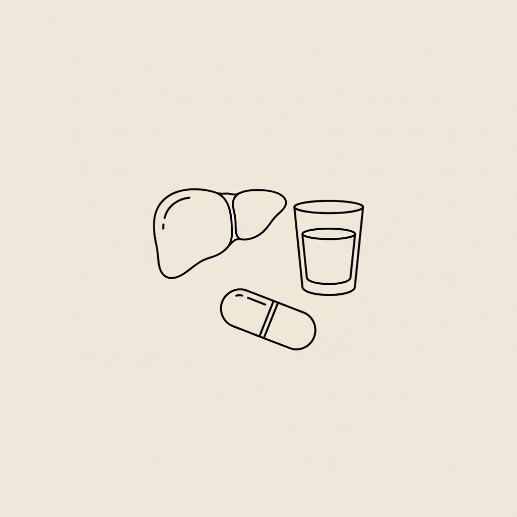 Minimalist Tonum-style line illustration of a liver, water glass, and capsule on beige background representing what does liver detox feel like