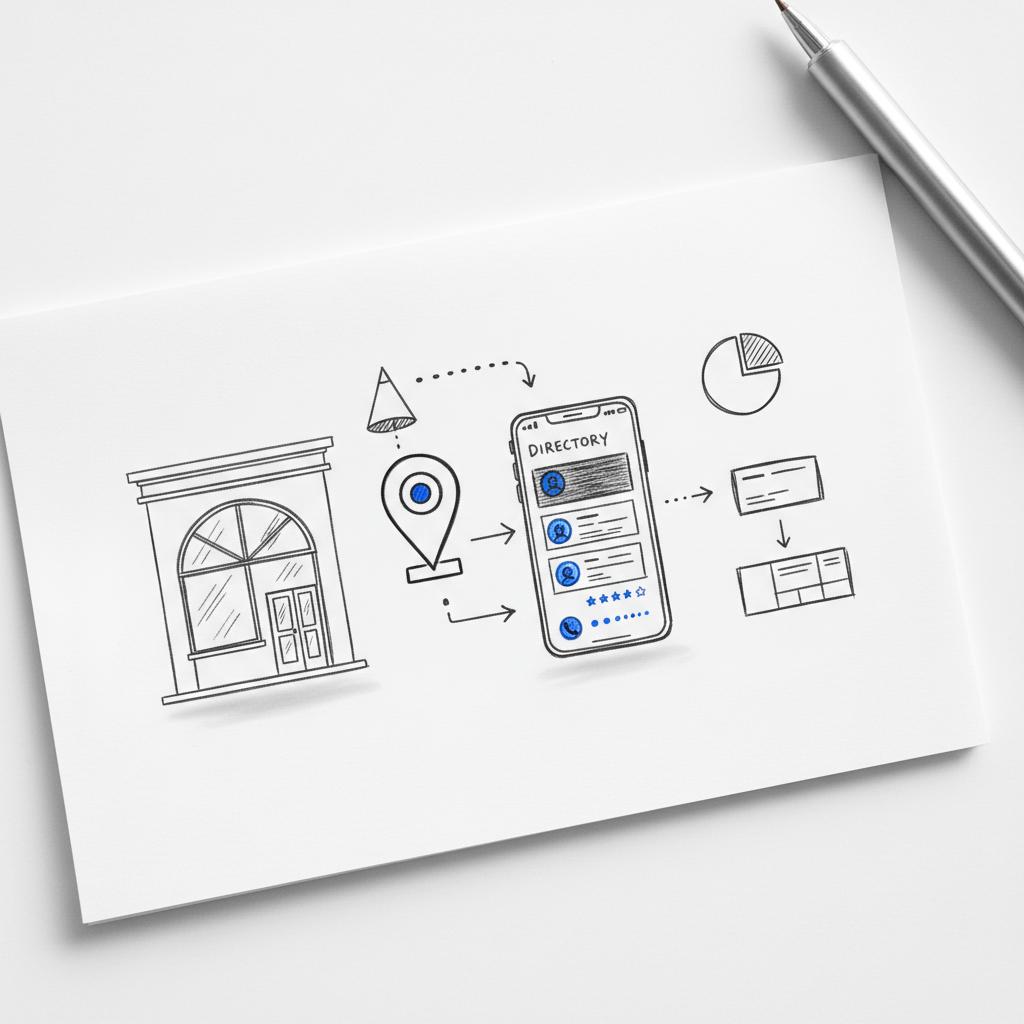Notebook-style hand-drawn sketch of a storefront, map pin and smartphone directory layout with arrows showing discovery-to-call flow for a Yelp listing on white background.