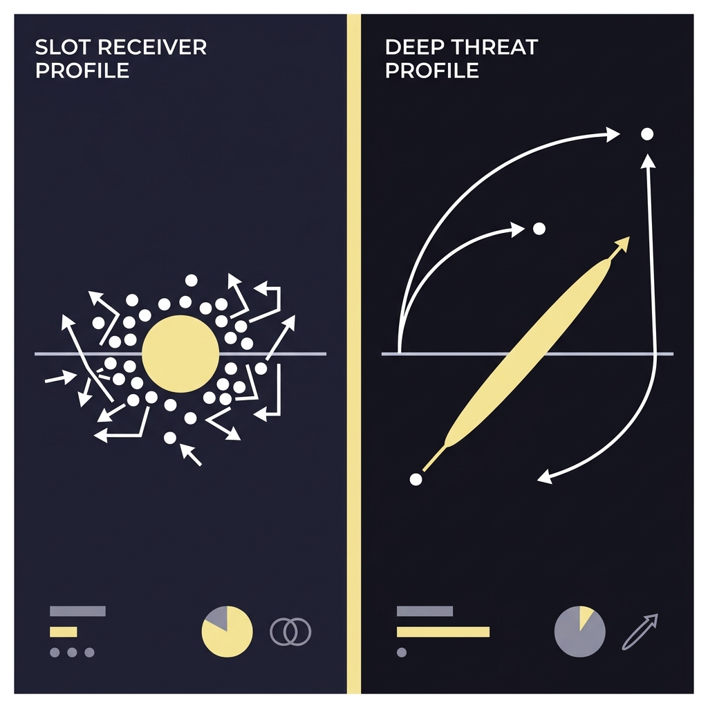 How Target Share Affects Football Props split 2D vector showing a slot receiver with many short targets clustered near the line and a deep threat with sparse targets and large air yards for visual comparison