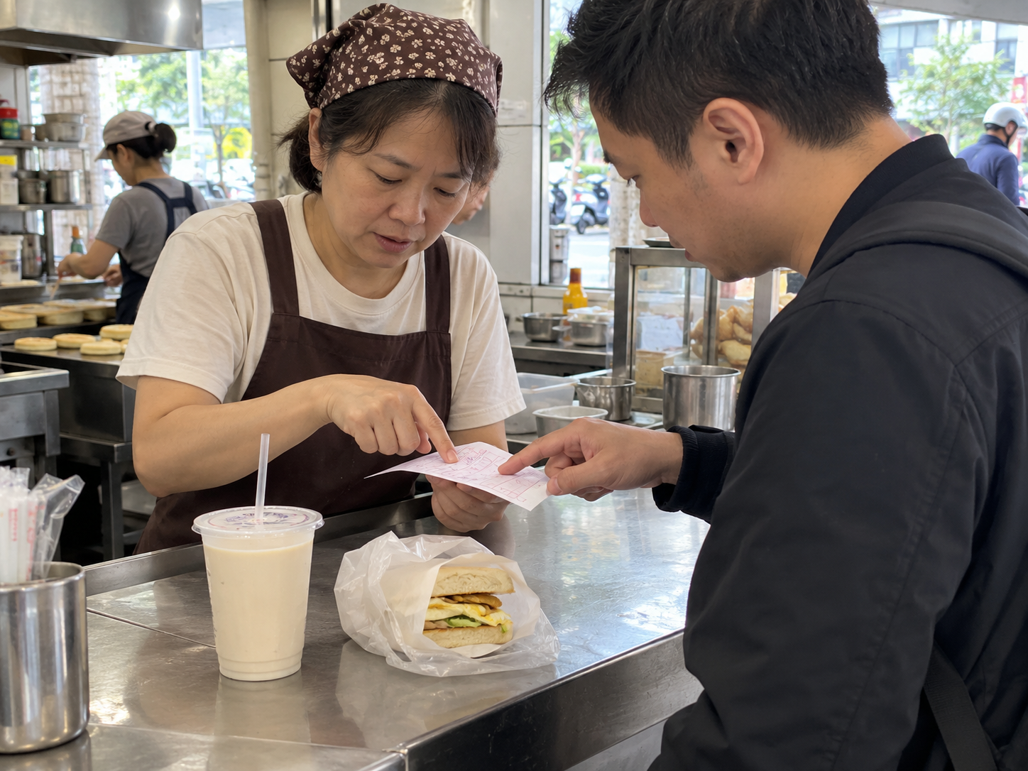早餐店員工與顧客一起核對紙本訂單和外帶餐點