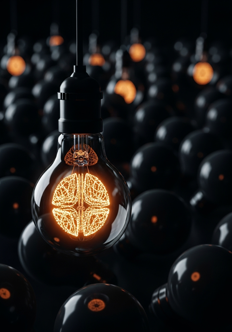 One Glowing Light Bulb Dark Contrast Idea Concept
