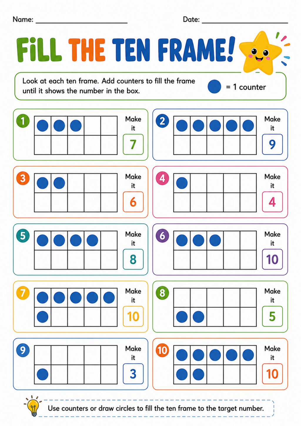 Fill the Ten Frame Worksheet