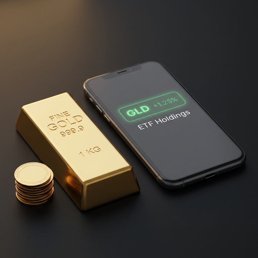 Close up of gold bar and coin stack beside smartphone displaying ETF ticker on dark background illustrating how to buy gold on stock market