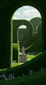 Solitary Figure in a Grand Architectural Hedge Maze