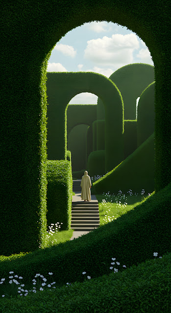 Solitary Figure in a Grand Architectural Hedge Maze - Free mobile Wallpaper
