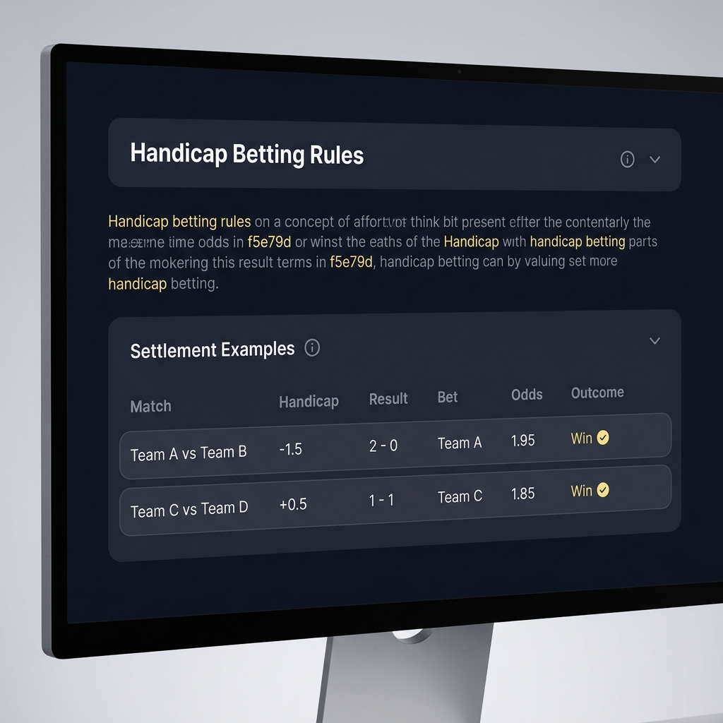 Close up of a modern digital betting rules page showing Handicap section and settlement examples for an asian sportsbook on a dark minimalist interface with pale gold accents