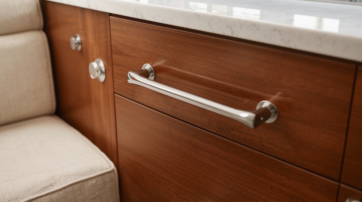 How to Pair Chrome Hardware With Warm Wood Cabinets - chrome decorative objects arranged on a warm wood console