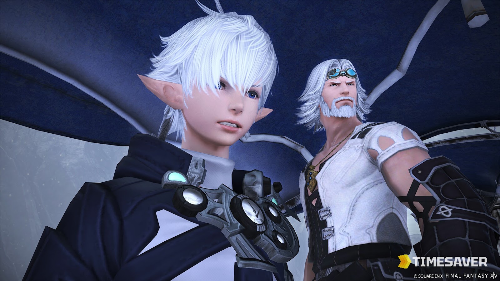 Two characters in detailed fantasy armor in a story cutscene