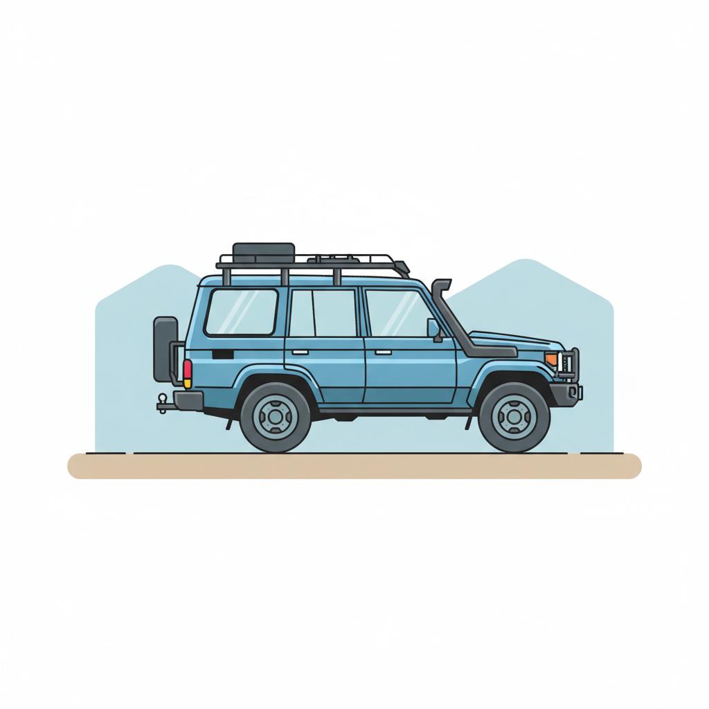 Minimalist 2D vector of a Land Cruiser on a dirt track with visible tow hitch and off road accessories rugged backdrop white background blue accents toyota land cruiser for sale