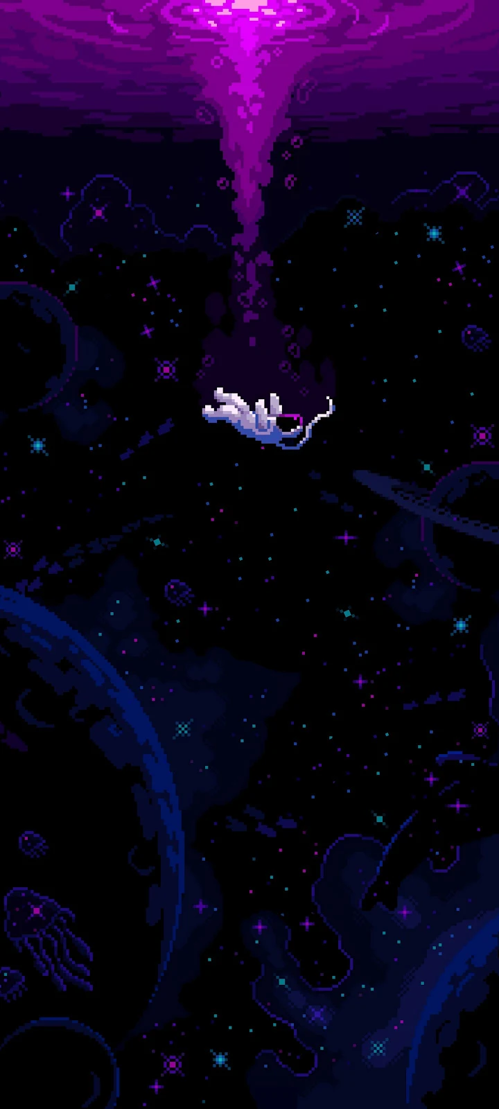 Astronaut Floating in Cosmic Ocean - Pixel Art 2K iPhone Wallpaper (1440x3200)