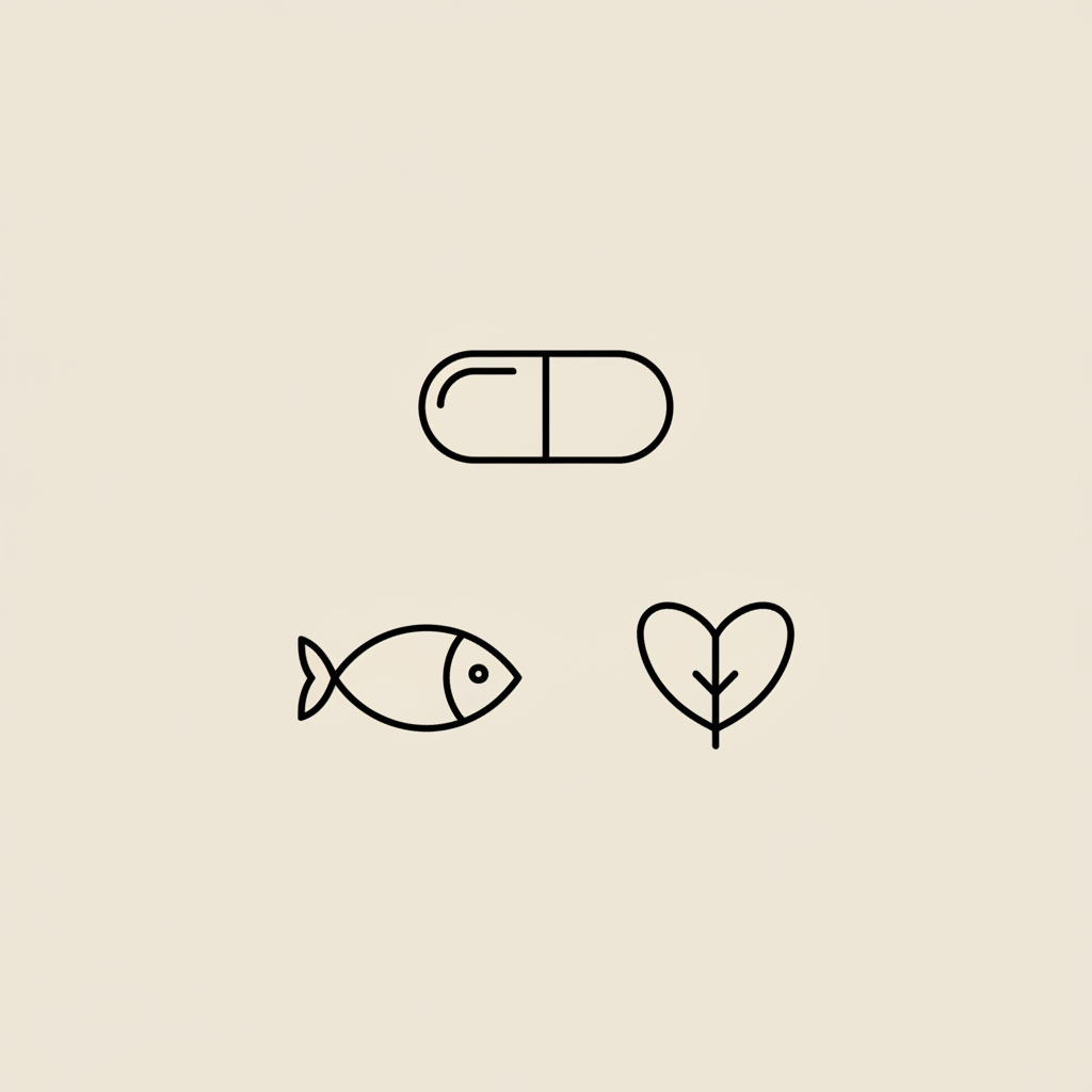 Minimal Tonum-style line illustration of a capsule, fish icon, and leaf on beige background representing natural supplements and the best supplement for joint lubrication