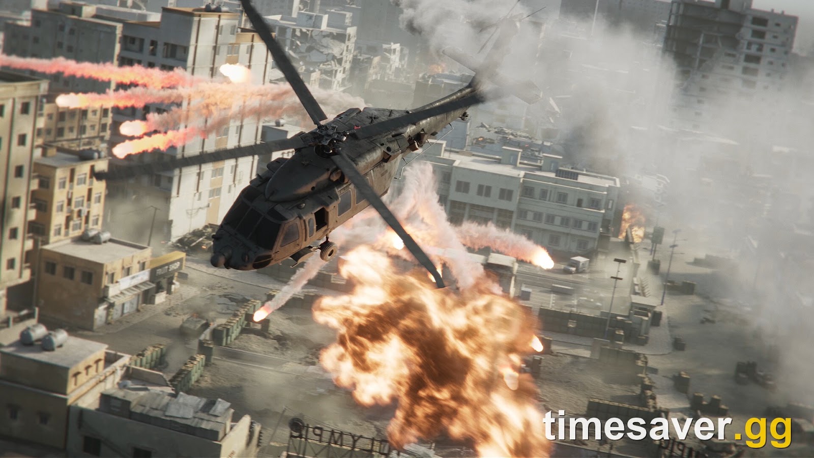 A helicopter deploying flares over a Delta Force Warfare battlefield