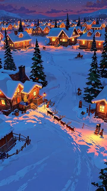 Snowy Village at Night with Reindeer Sleigh and Glowing Homes - Free mobile Wallpaper