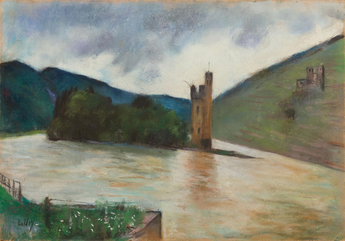 Der Mäuseturm bei Bingen mit Blick auf die Burgruine Ehrenfels 1924