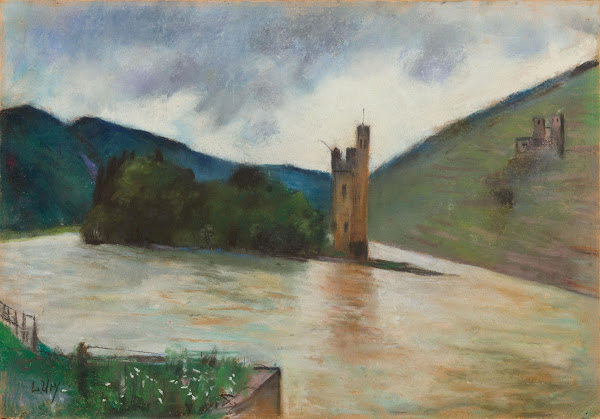 Der Mäuseturm bei Bingen mit Blick auf die Burgruine Ehrenfels 1924