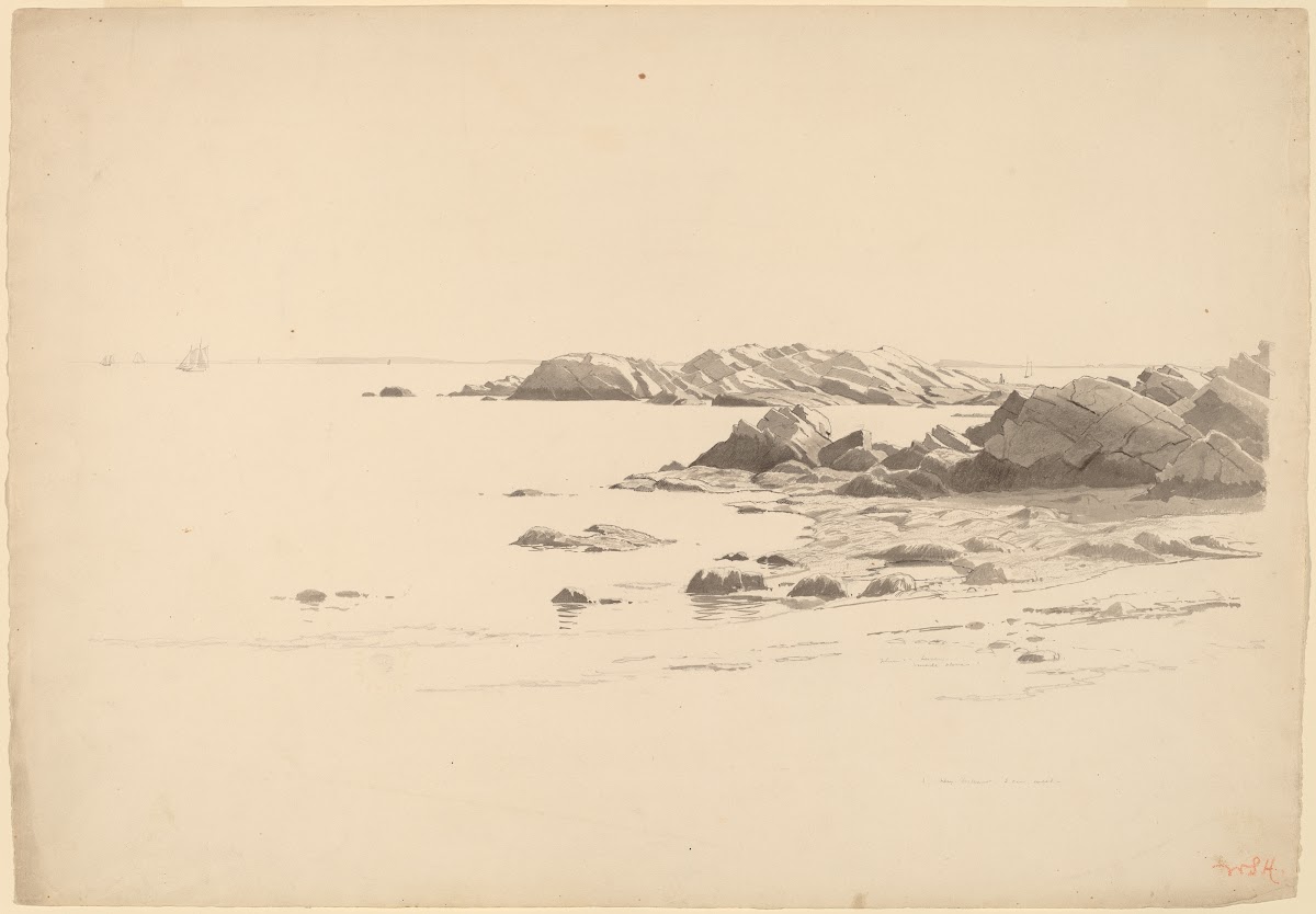 Rocklined Beach with Distant Boats probably 1860 1869