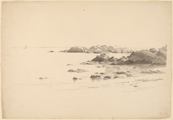 Rocklined Beach with Distant Boats probably 1860 1869