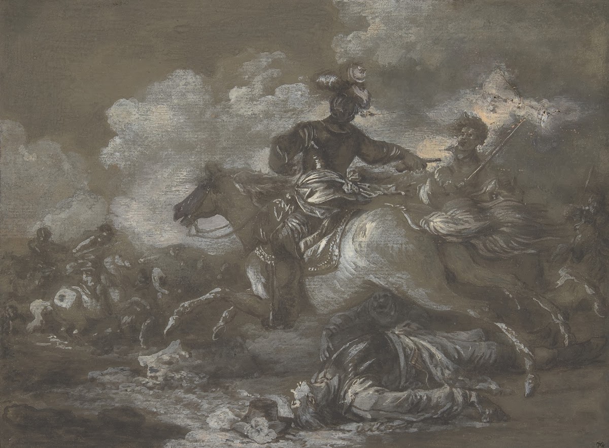 Cavalry Skirmish with a Fallen Soldier at Right 18th century