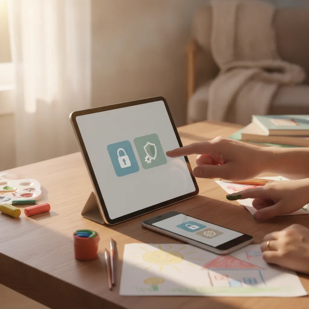 Parent setting up privacy controls for mental health apps for kids on unbranded devices