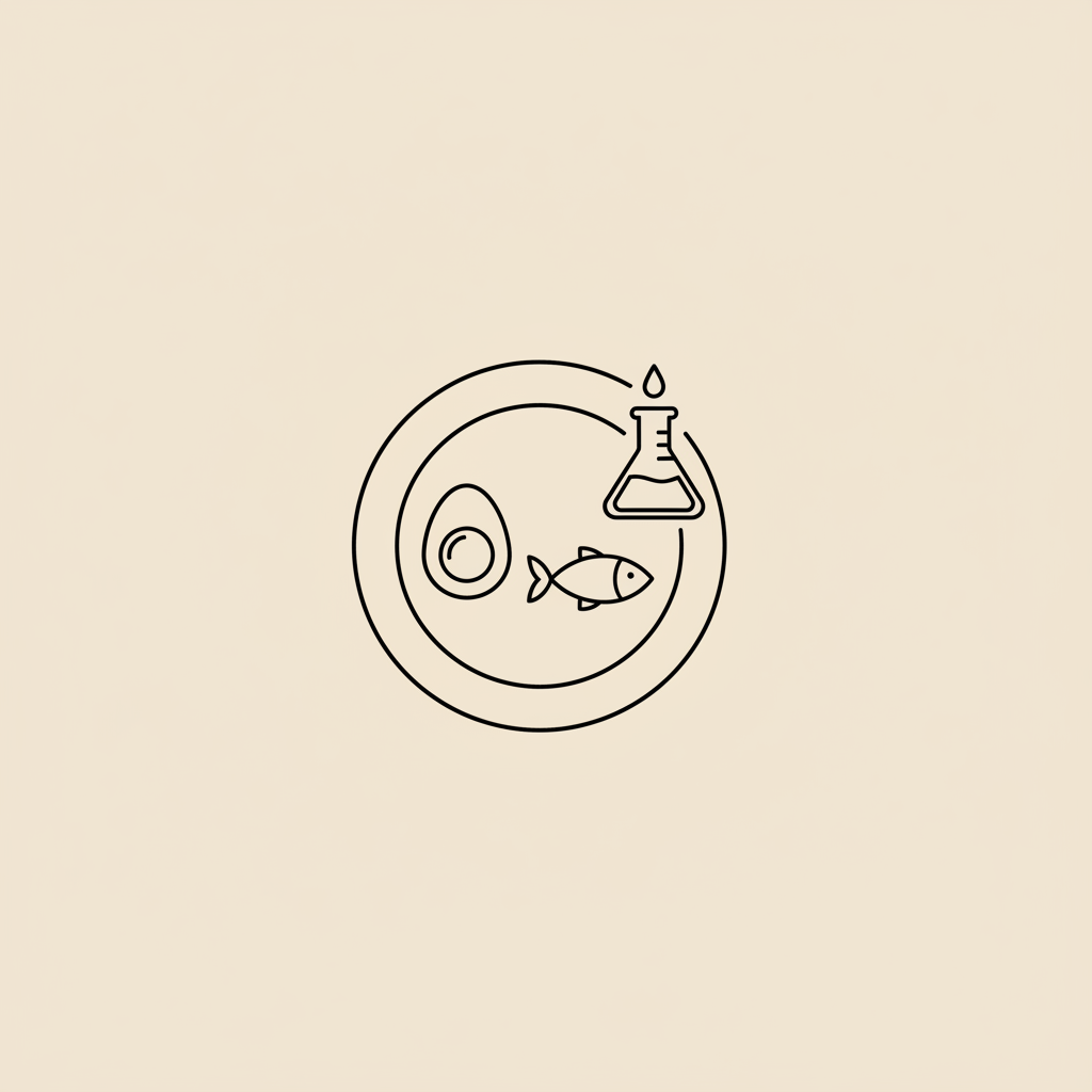 Minimal Tonum-style 2D vector line illustration of a plate with an egg, a fish, and a small lab beaker on beige background, representing protein powder side effects