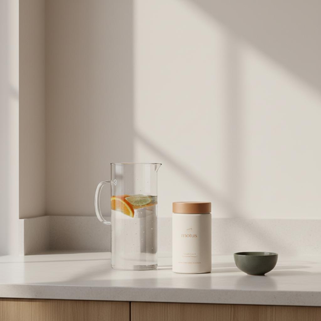 Minimalist kitchen scene with a chilled pitcher of citrus water and a Tonum Motus container on a neutral countertop, evoking nutrition and fatty liver support.