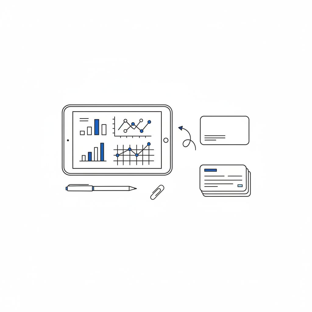 Minimal 2D vector top-down desktop sketch with tablet showing abstract analytics, a blank contractor business card and stacked invoices &mdash; Angi leads vs Angi Ads