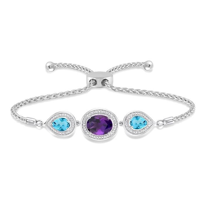Silver Oval & Pear Shape Gemstone & Diamond Lariat Bracelet