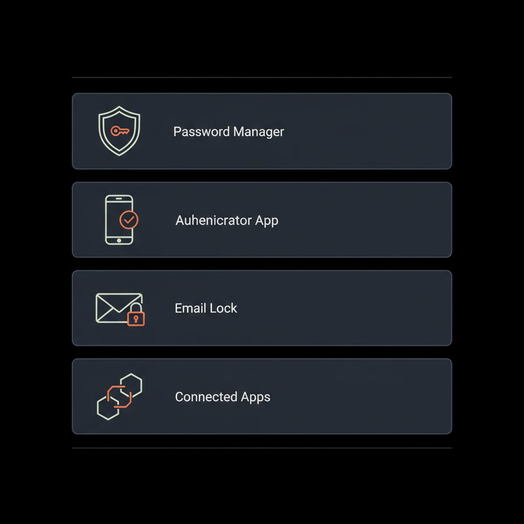 Minimal vector checklist on black background with icons for Password Manager, Authenticator App, Email Lock, Connected Apps — how to prevent Instagram from being hacked