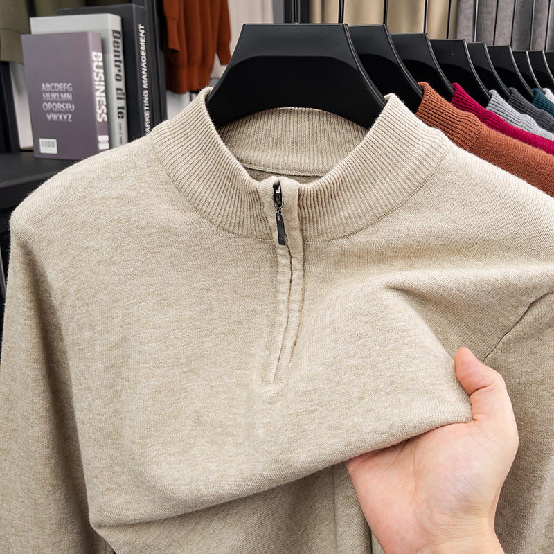 Men's Wool Pullover with Stand-Up Collar and Zipper