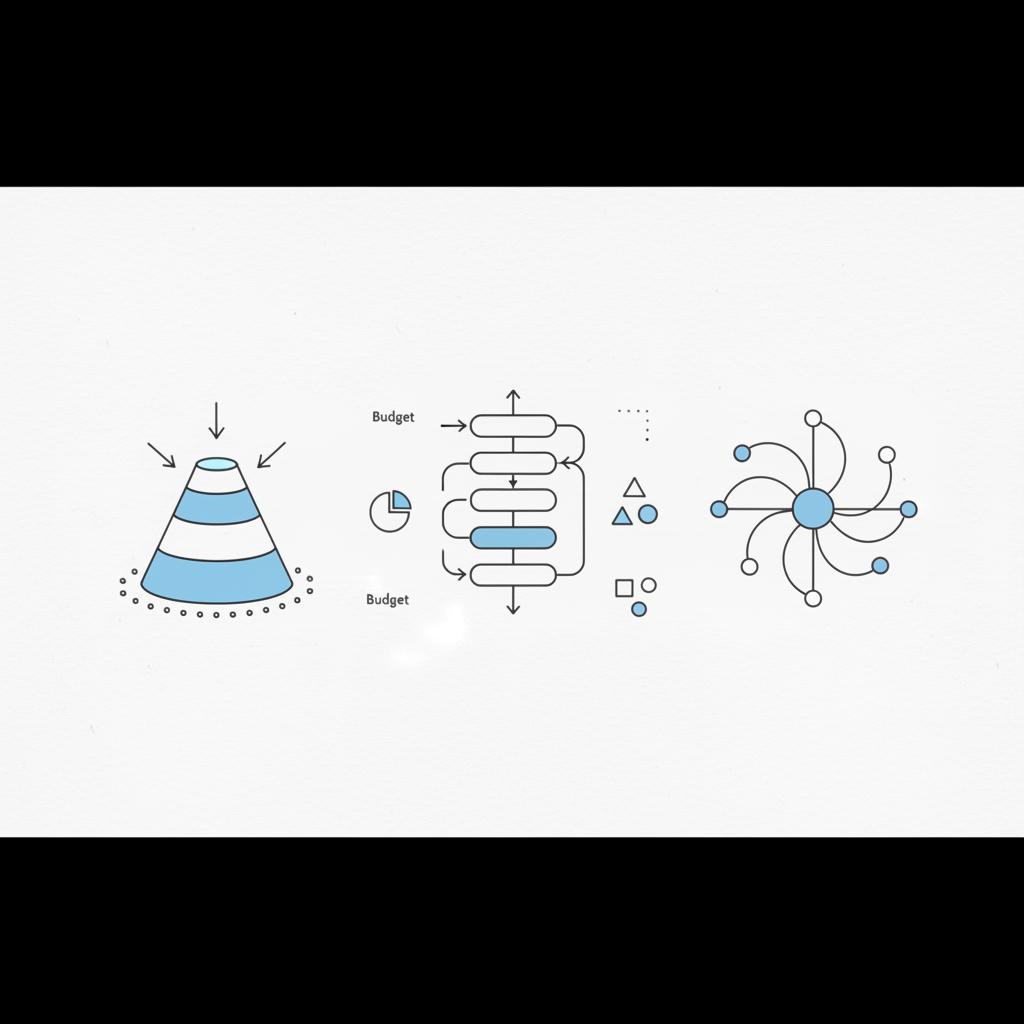 Minimalist 2D vector notebook-style page with three diagrams &mdash; search funnel, email nurture ladder, referral flow &mdash; using #39383f strokes and #1a5bfb accents to generate leads