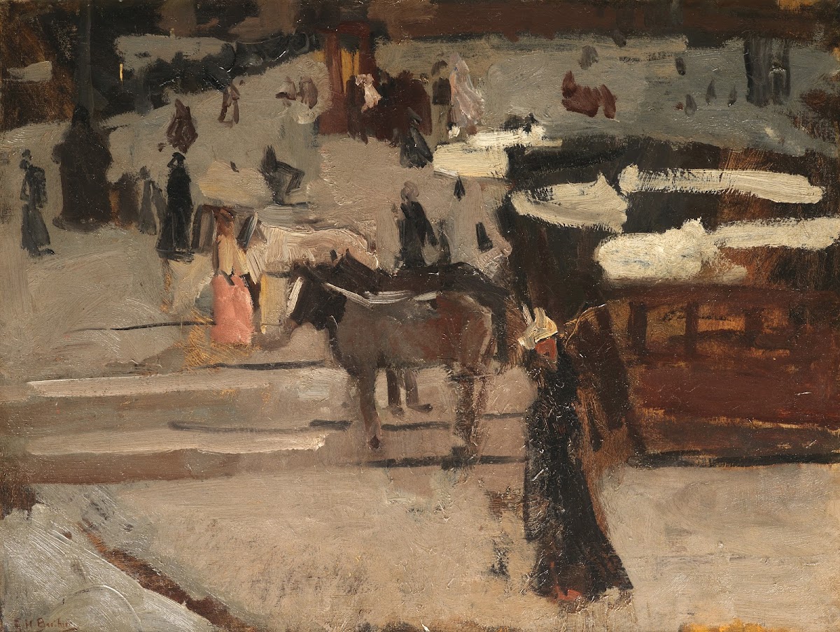 Paardentrams en figuren op een plein