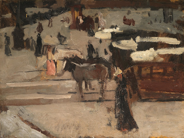 Paardentrams en figuren op een plein