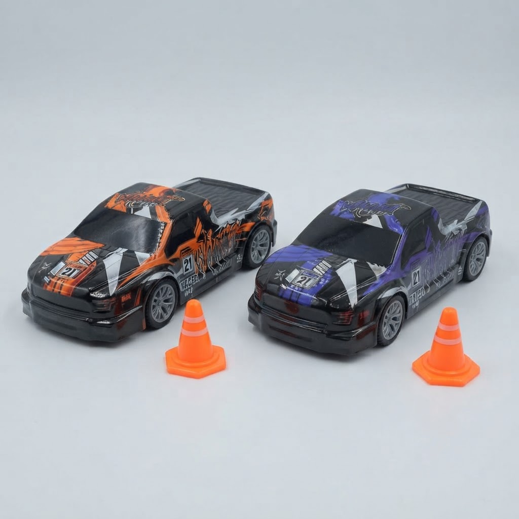 Set de dos carros de carreras, combinación Naranja + Morado, vista 1