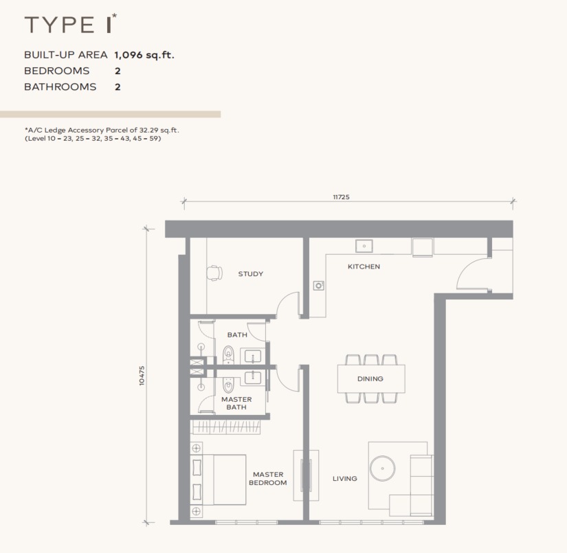Khaya Residence Type I floor plan — 1162 sq ft, 3 bedrooms