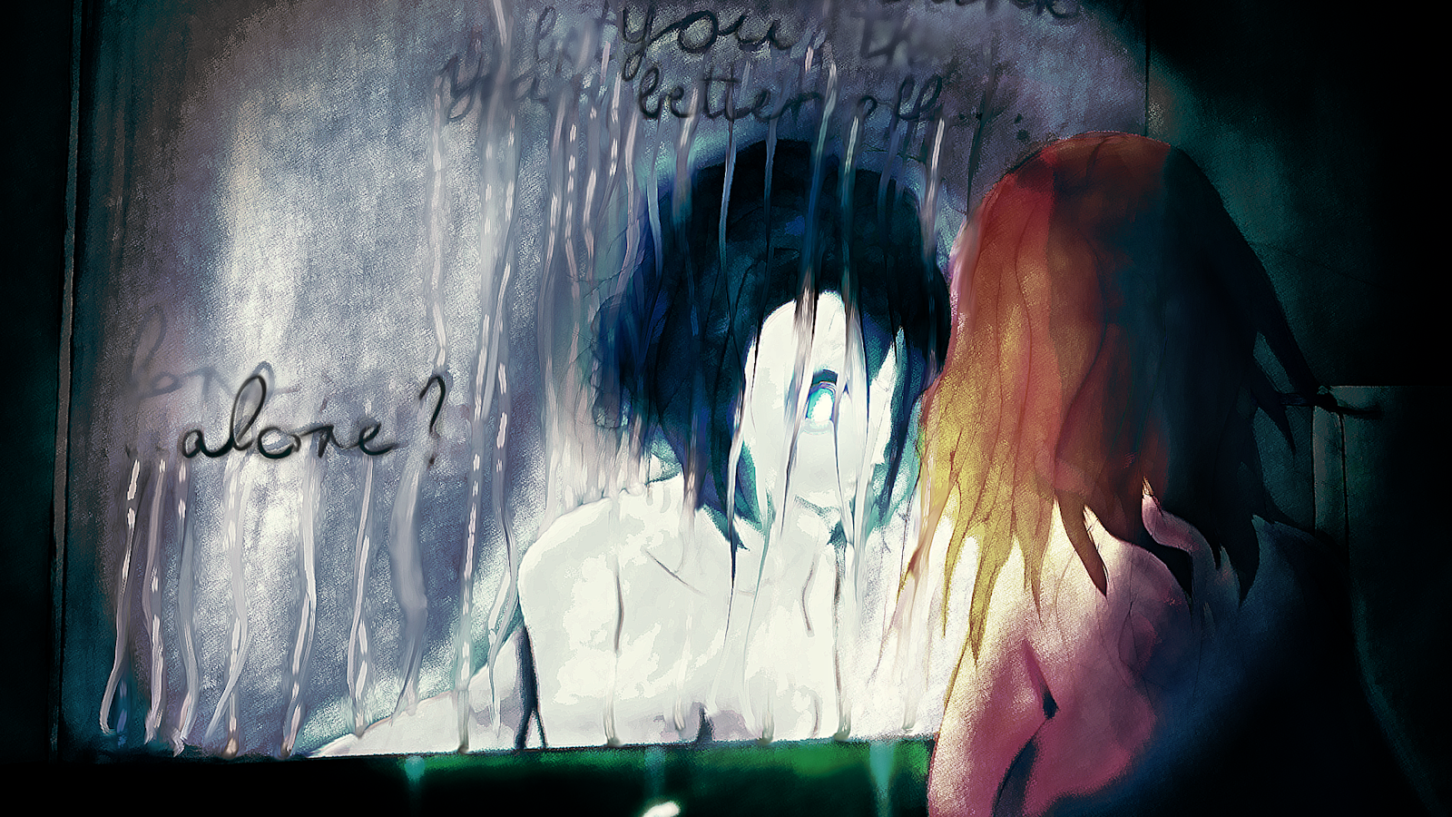Girl Looking Into Foggy Mirror - Digital Anime Art 4K Wallpaper (3840x2160)