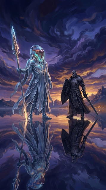 Surreal Sea Guardians in Liquid Glass Helmets and Flowing Robes - Free mobile Wallpaper