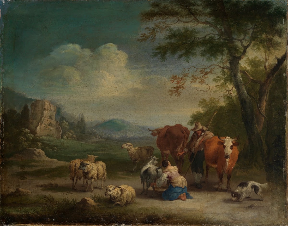 Landschaft mit Hirten und gotischer Burgruine
