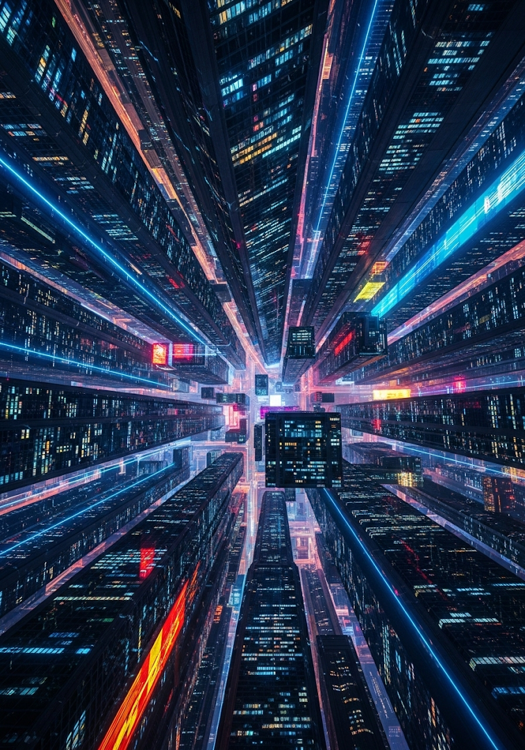 Neon Cyberpunk City Skyscraper Vertical View Abstract