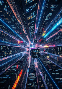 Neon Cyberpunk City Skyscraper Vertical View Abstract