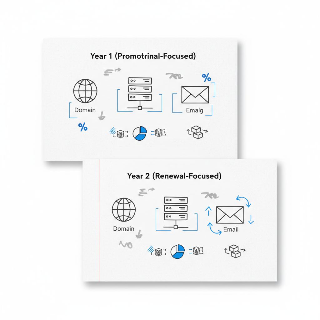Minimalist vector of two stacked notebook-style sheets showing promotional (Year 1) vs renewal (Year 2) cost sketches for GoDaddy with domain, hosting, and email icons and blue accents.