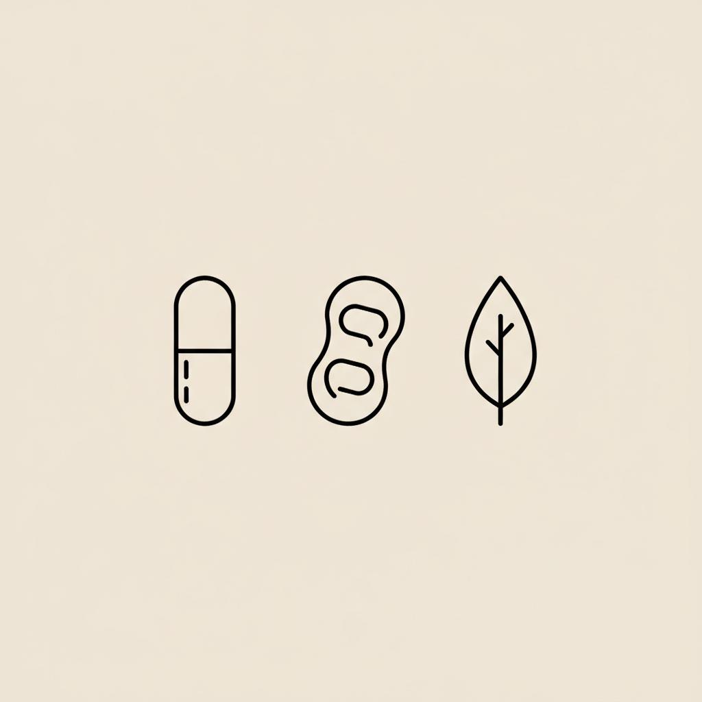 Minimal Tonum-style vector icon trio on beige background showing a thin-lined capsule, simplified mitochondrion, and small leaf, representing AMPK side effects.