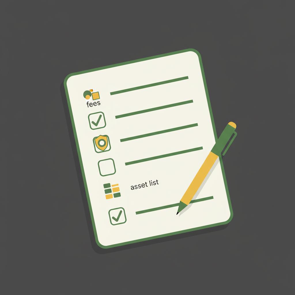 Minimalist vector checklist illustration showing a paper with fees custody and asset items and a pen marking completed boxes on dark background best place to buy cryptocurrency